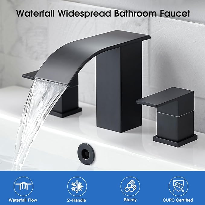 RUMOSE 8 inch Bathroom Faucets Set Matte Black Bathroom Sink Faucet 3 Hole with Pop Up Drain Widespread 2 Handles Stainless Steel Lavatory Vanity Faucet Waterfall Spout Deck Mounted