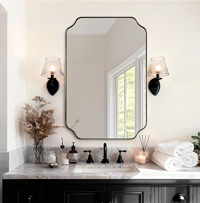 Matte Black Mirror 26x38 Inch, Scalloped Wall Mirror, Unique Rectangular Bathroom Mirror in Premium Stainless Steel Metal Frame 1’’ Deep, Hangs Vertically/Horizontally