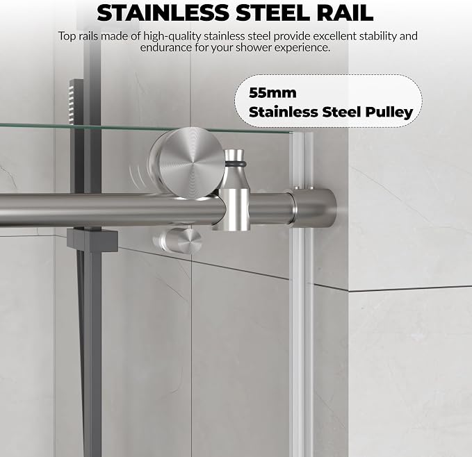 Garvee Sliding Shower Door 56-60 inch W x 76 inch H | Frameless Glass Shower Door with Round Stainless Steel Rail, 8mm Tempered Glass Shower Door, Brushed Sliver