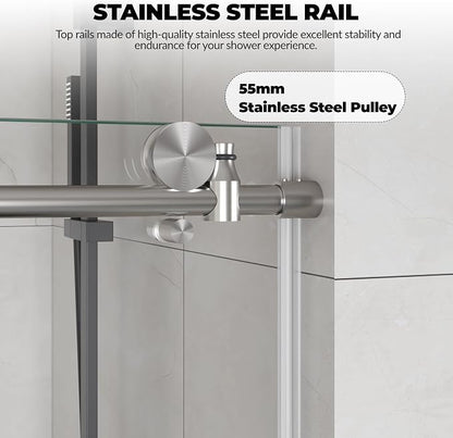 Garvee Sliding Shower Door 56-60 inch W x 76 inch H | Frameless Glass Shower Door with Round Stainless Steel Rail, 8mm Tempered Glass Shower Door, Brushed Sliver