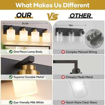 Vanity Lights for Bathroom, 4-Light Black and Gold Bathroom Vanity Light Over Mirror with Milky White Glass Shades, Modern Bathroom Light Fixtures for Living Room Hallway Cabinet (Bulbs Not Included)