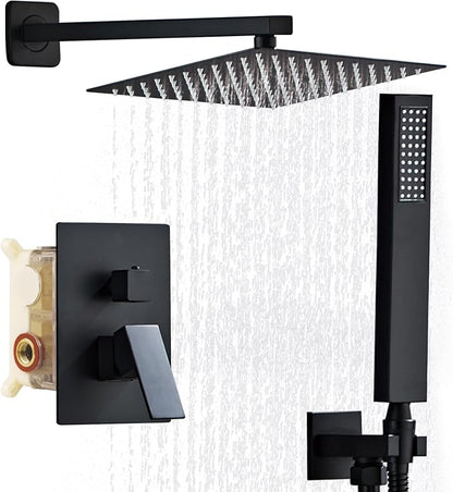 SaniteModar Shower Faucet Set 10 Inch, Matte Black Shower System | Rainfall Shower Head with Handheld Combo Spray, High Pressure Shower Combo Set Included Brass Valve and Trim kit