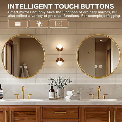 Bathroom Vanity - Retro Bathroom Vanity with Double Sinks Includes Round Mirror & Wood Grain Cabinets|Retro Log Style,Exquisite Handle,LED Smart Defogging Mirror(68IN)