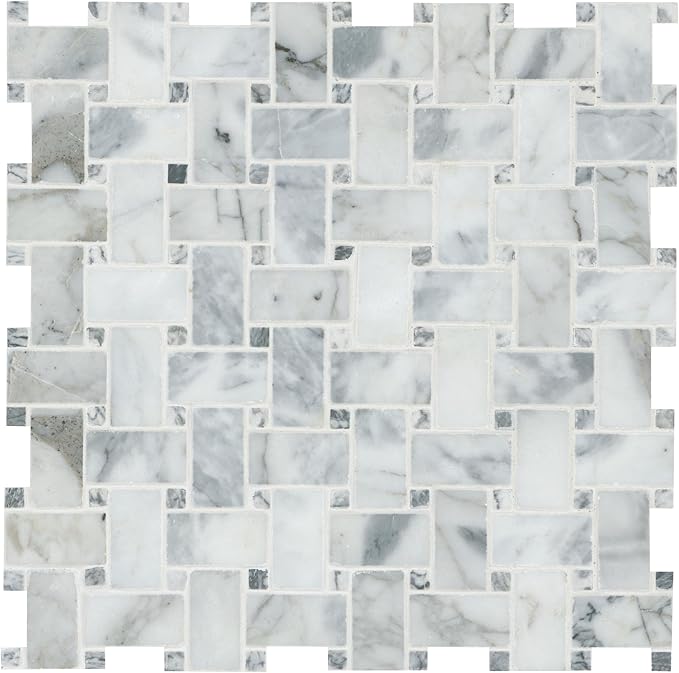 MSI Calacatta Cressa Honed Marble Basketweave Wall Tile for Kitchen Backsplash, for Bathroom, Accent, and Shower Tile, Mesh-Mounted Mosaic Tile, 12.2 x 12.2, White, 10 Piece
