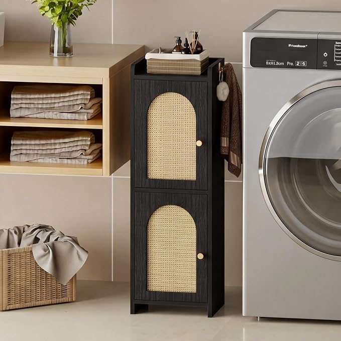 Arbuxzuy Rattan Bathroom Storage Cabinet with 2 Doors and Adjustable Shelf | Black Corner Floor Cabinet, Narrow Toilet Paper Cabinets with 2Hooks,Toilet Organizer for Small Spaces, 7.87"D*9.84"W*29.72"H