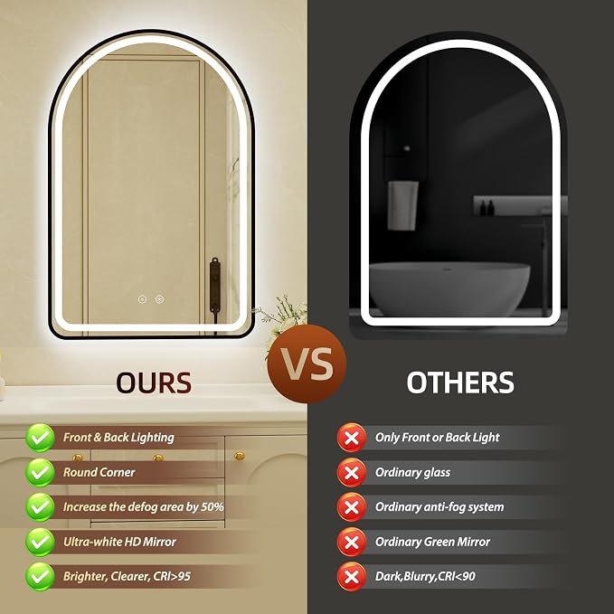 26x40 Inch Arched Black Aluminum Frame LED Bathroom Mirror with Lights, Lighted Vanity Mirror for Wall,Tempered Glass,Anti-Fog, Stepless Dimmable, 3 Color Temperature Vanity Mirror