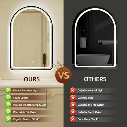 26x40 Inch Arched Black Aluminum Frame LED Bathroom Mirror with Lights, Lighted Vanity Mirror for Wall,Tempered Glass,Anti-Fog, Stepless Dimmable, 3 Color Temperature Vanity Mirror
