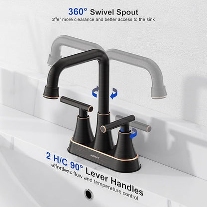 Bathroom Sink Faucet, Hurran Oil Rubbed Bronze Bathroom Faucets for Sink 3 Hole with Pop-up Drain and Supply Hoses, 360 Swivel Spout 2-Handle Centerset Faucet for Vanity RV Farmhouse