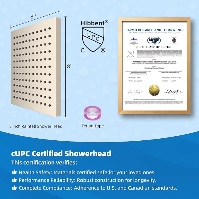 Hibbent cUPC Certified Thickness Metal 8'' Rain Shower Head, Brushed Nickel | High Pressure Shower Head, Bathroom Waterfall Shower Heads, High Flow Fixed Showerheads with Adjustable Brass Ball Joint