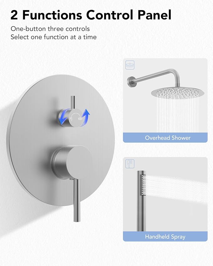 10" High-Pressure Rainfall Shower System with Handheld Spray, Wall Mount Bathroom Shower Faucet Set (Brushed Nickel)