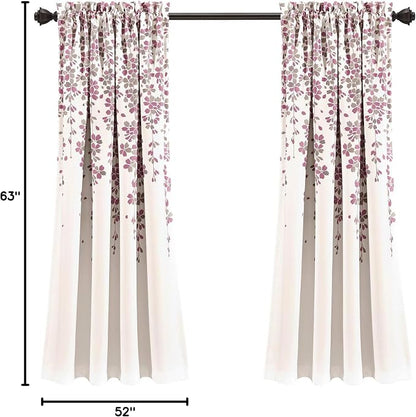 Lush Decor Weeping Flower Light Filtering Window Curtain Panels, Pair, 52"W x 63"L + 2" Header, Purple & Gray- Charming Modern Floral Curtains for Living Room, Dining Room, & Bedroom