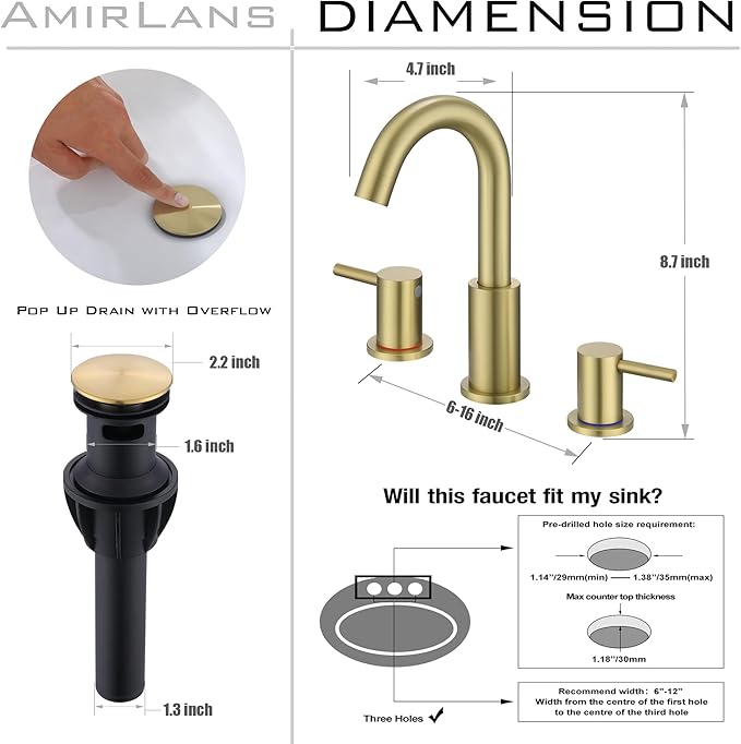 Bathroom Faucets for Sink 3 Hole, Brushed Gold Bathroom Faucet with Pop up Drain, Stainless Steel 2 Handle 8 Inch Widespread Gold Bathroom Sink Faucet for Vanity, AML-21754-BG