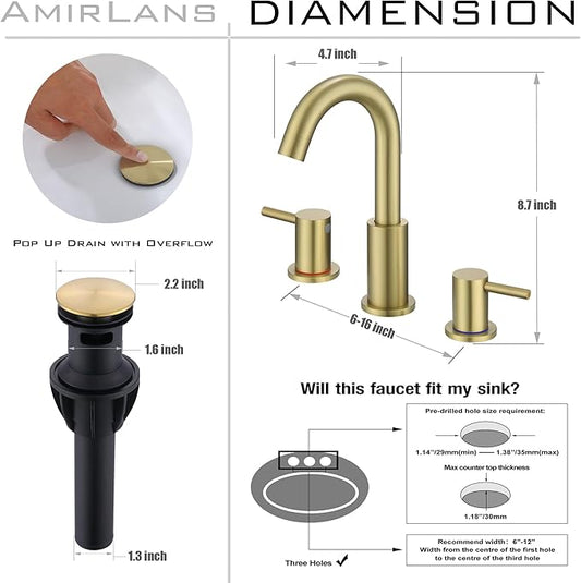 Bathroom Faucets for Sink 3 Hole, Brushed Gold Bathroom Faucet with Pop up Drain, Stainless Steel 2 Handle 8 Inch Widespread Gold Bathroom Sink Faucet for Vanity, AML-21754-BG