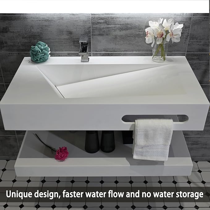 36"x19" Wall Mount Bathroom Vanity with Sink Stone Resin Floating Vanity Sink Rectangular Vessel Sinks for Bathroom White Trough with Shelf Layer (Mirror Not Included)