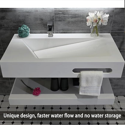 36"x19" Wall Mount Bathroom Vanity with Sink Stone Resin Floating Vanity Sink Rectangular Vessel Sinks for Bathroom White Trough with Shelf Layer (Mirror Not Included)