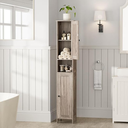 Tall Bathroom Storage Cabinet with 2 Doors, 67"H Narrow Storage Cabinet with Adjustable Shelves& Anti-Tip Design, Reversible Door Installation, Easy Assembly, 11.8 x 11.8 x 66.9 Inches, Greige
