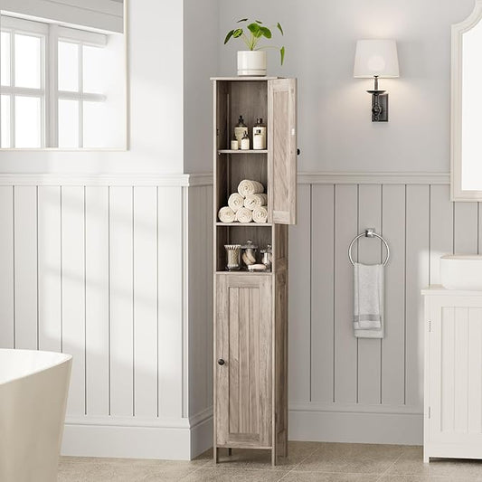 Tall Bathroom Storage Cabinet with 2 Doors, 67"H Narrow Storage Cabinet with Adjustable Shelves& Anti-Tip Design, Reversible Door Installation, Easy Assembly, 11.8 x 11.8 x 66.9 Inches, Greige