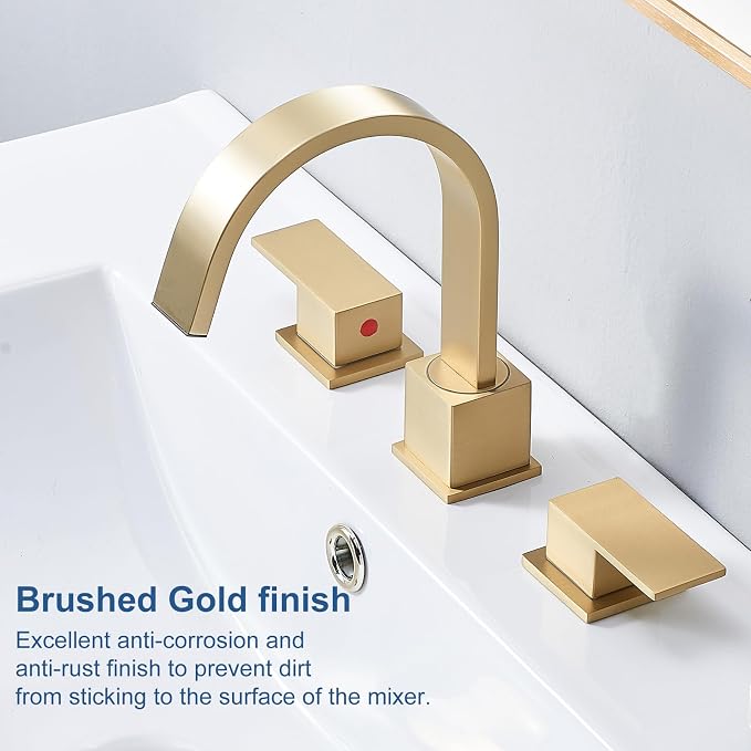Brushed Gold Bathroom Faucet 3 Hole, Waterfall 8 Inch Widespread Gold Bathroom Sink Faucets with Pop-up Drain and Supply Hoses, 360° Swivel Spout 2-Handle Sink Faucet for Bath Vanity