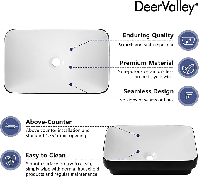 DeerValley Black and White Contrast Rectangle Vessel Sink 18.9x11.61 Inch, Semi-Recessed Ceramic Bathroom Basin with Modern Two-Tone Design