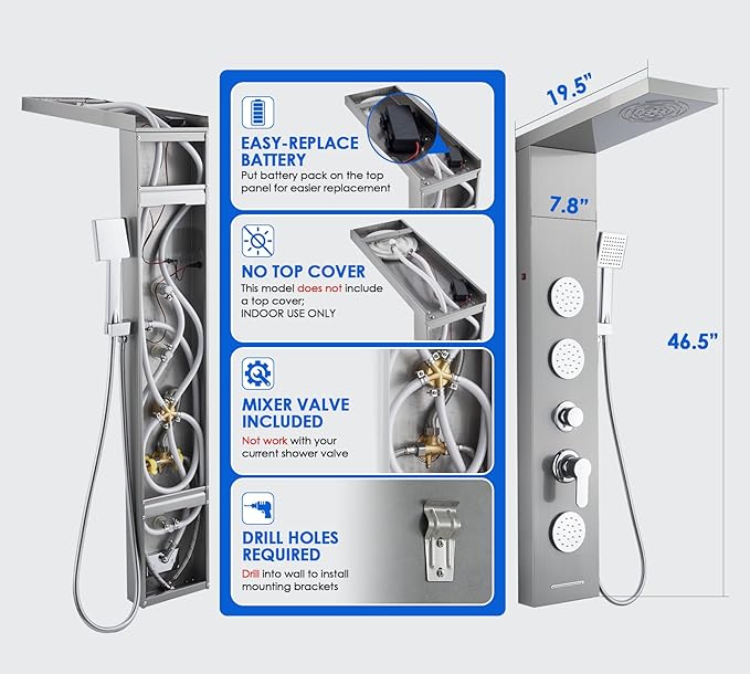 ROVOGO Shower Panel Tower System with Led Lights, 2-Mode Shower Head, 3 Body Jets, Handheld and Tub Spout, 46.5" Stainless Steel Shower Column with Mixer Valve, Brushed