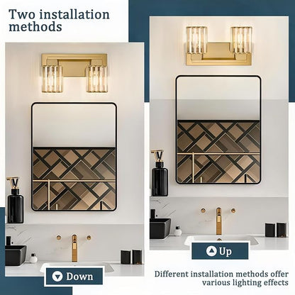 Brushed Gold Bathroom Light Fixtures, 2-Light Vanity Light Over Mirror | Wall Sconces with Square Crystal Shades, E26 Socket, Modern Vanity Lights for Bathroom (Bulbs Not Included)
