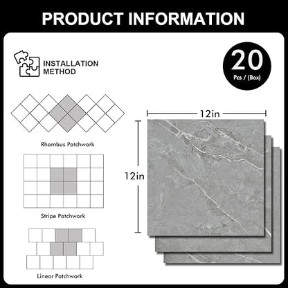20-Pack 12"x12" Marble Peel and Stick Floor Tiles Waterproof Self Adhesive Vinyl DIY Flooring for Bedroom, Bathroom, Kitchen, RV, Cover 20 Sq. Ft, Grey Marble