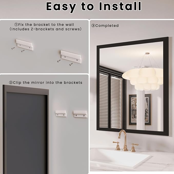 Bathroom Mirror Black, 28x32 Inch | Thick Metal Framed, HD Reflection, Anti-Rust, Hang Horizontally/Vertically, Suitable for Vanity, Bedroom, Bathroom, Entryway