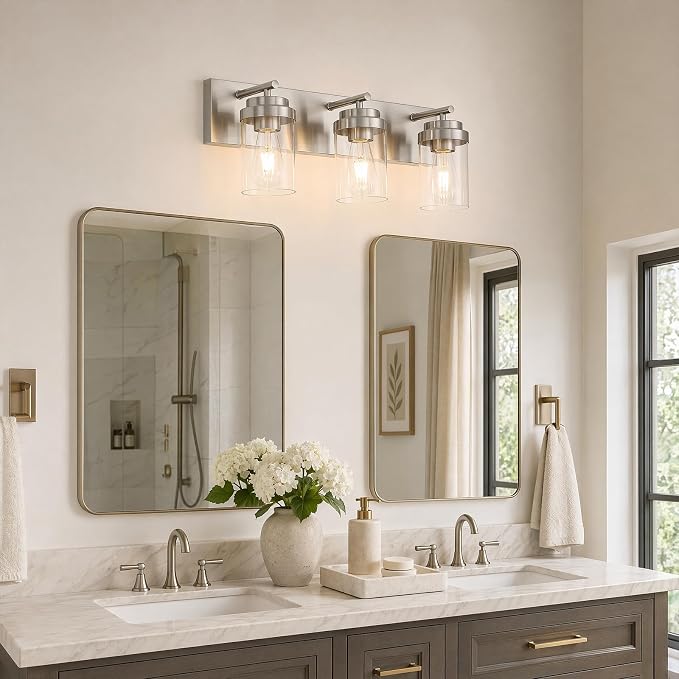 3-Light Bathroom Light Fixtures, Brushed Nickel Vanity Lights | Modern Bathroom Lighting Fixtures Over Mirror, Vanity Lights for Bathroom, Mirror, Restroom, Bedroom, E26