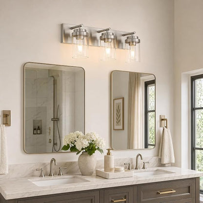 3-Light Bathroom Light Fixtures, Brushed Nickel Vanity Lights | Modern Bathroom Lighting Fixtures Over Mirror, Vanity Lights for Bathroom, Mirror, Restroom, Bedroom, E26