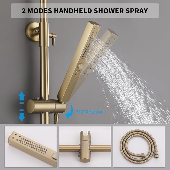 Exposed Shower System 10" Brushed Gold Rainfall Shower Head with 2 Modes Handheld and Tub Faucet Set, Square Shower Head 3 Functions Outdoor Shower Fixtures with Brass Valve, Height Adjustable