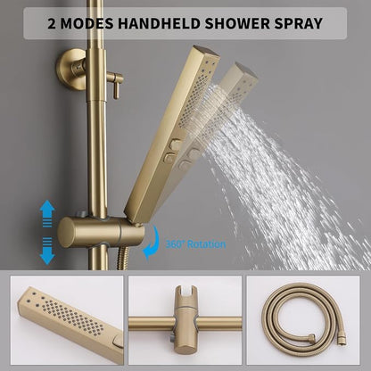 Exposed Shower System 10" Brushed Gold Rainfall Shower Head with 2 Modes Handheld and Tub Faucet Set, Square Shower Head 3 Functions Outdoor Shower Fixtures with Brass Valve, Height Adjustable