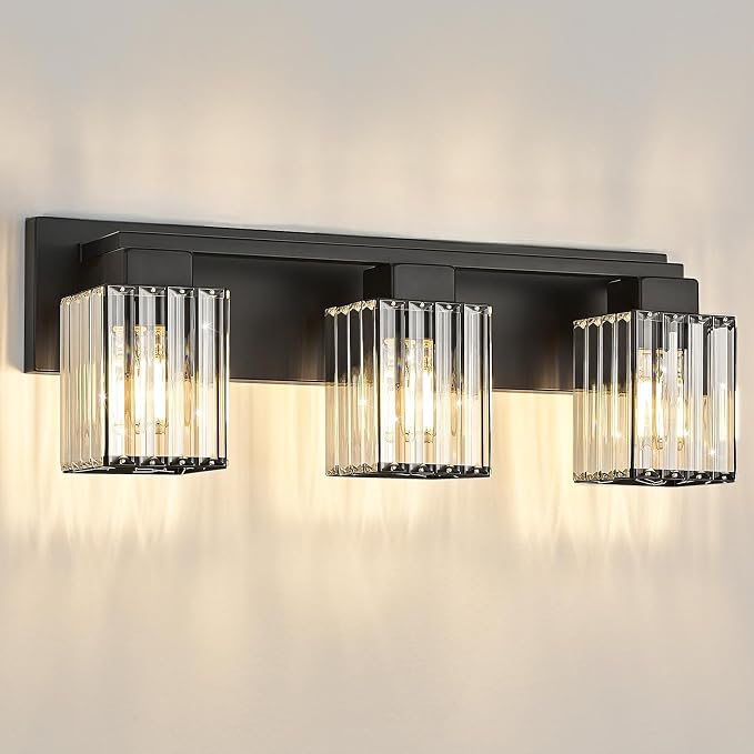 3-Light Modern Bathroom Light Fixtures, Black Vanity Light Over Mirror | Bathroom Vanity Wall Light with Square Crystal Shades, Vanity Lights for for Mirror, Bathroom, Restroom, E26 Socket, ETL