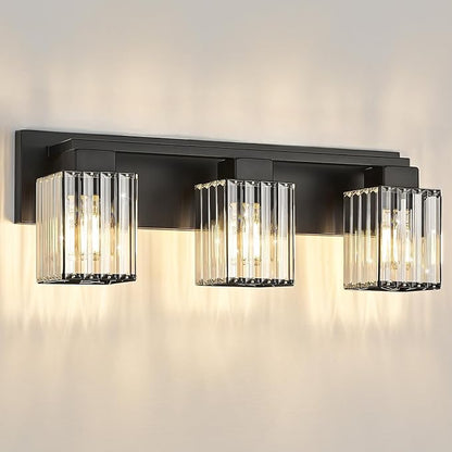 3-Light Modern Bathroom Light Fixtures, Black Vanity Light Over Mirror | Bathroom Vanity Wall Light with Square Crystal Shades, Vanity Lights for for Mirror, Bathroom, Restroom, E26 Socket, ETL