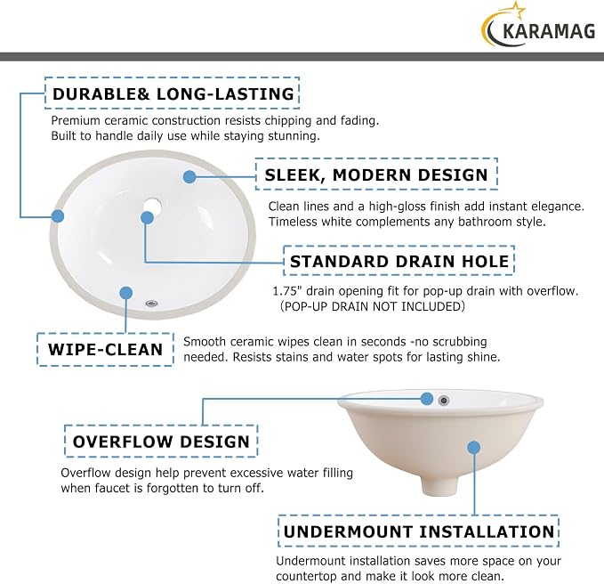 Undermount Bathroom Sink KARAMAG 18.4"x15" Oval Sink with Overflow White | 18.4 Inch Ceramic Oval Vanity Sink,Undermount Design,Easy to Clean,Modern Style,Ideal for bathroom,vanity, lavatory,restroom