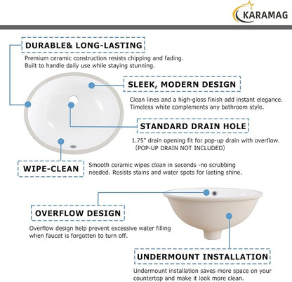 Undermount Bathroom Sink KARAMAG 18.4"x15" Oval Sink with Overflow White | 18.4 Inch Ceramic Oval Vanity Sink,Undermount Design,Easy to Clean,Modern Style,Ideal for bathroom,vanity, lavatory,restroom