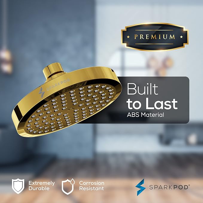 SparkPod 6" Round Rain Shower Head with 11" Shower Arm | Shower Head & Extension Arm Combo, Height Adjustable, High Pressure Performance, Easy 1-Minute Installation, Egyptian Gold