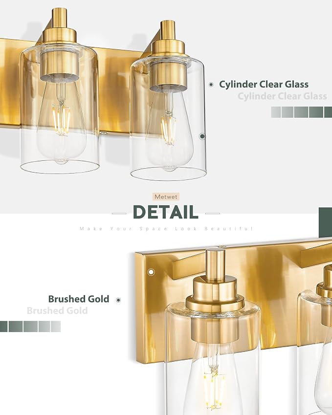 3-Light Brushed Gold Bathroom Vanity Light, Clear Cylinder Glass | 16.5" modern bathroom light fixtures over mirror, E26 base, bulbs not included, VL143-BG-3