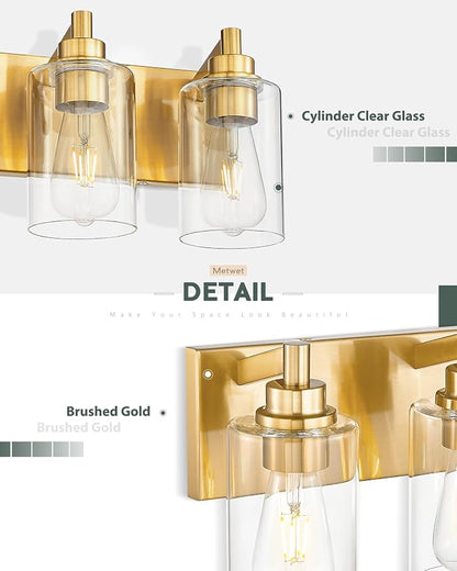 3-Light Brushed Gold Bathroom Vanity Light, Clear Cylinder Glass | 16.5" modern bathroom light fixtures over mirror, E26 base, bulbs not included, VL143-BG-3