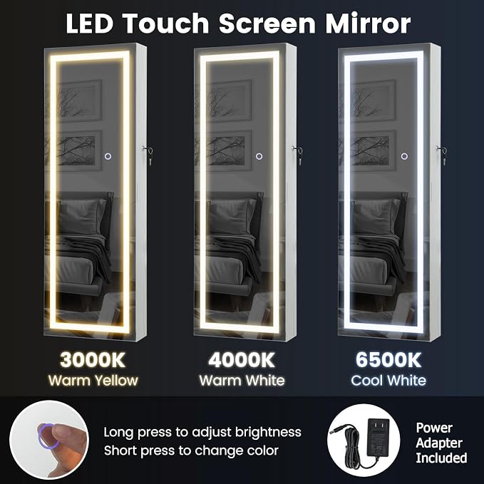CHARMAID LED Mirror Jewelry Cabinet, Lockable Jewelry Armoire with Adjustable Lighted Full Length Mirror, 3 Lighting Sets, Wall Mounted Door Hanging Jewelry Storage Organizer (Grayish White, 42.5''H)