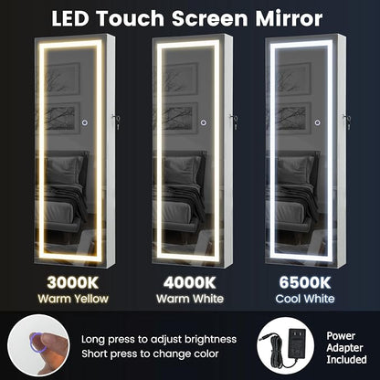 CHARMAID LED Mirror Jewelry Cabinet, Lockable Jewelry Armoire with Adjustable Lighted Full Length Mirror, 3 Lighting Sets, Wall Mounted Door Hanging Jewelry Storage Organizer (Grayish White, 42.5''H)