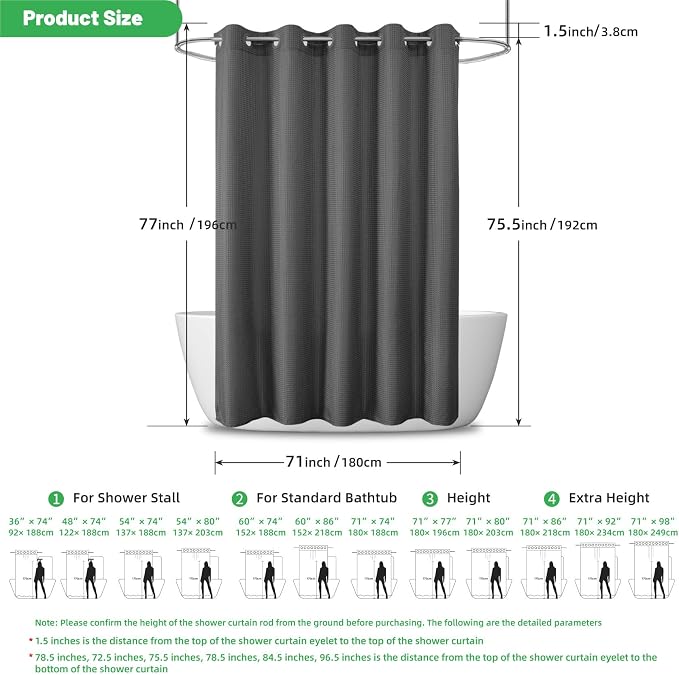 No Hook Waffle Shower Curtain, No Liner Needed, 71x74 Inch, Charcoal Grey | 100% waterproof TPU-laminated backing, magnetic weighted hem, machine washable, shower curtain set for bathroom or hotel use