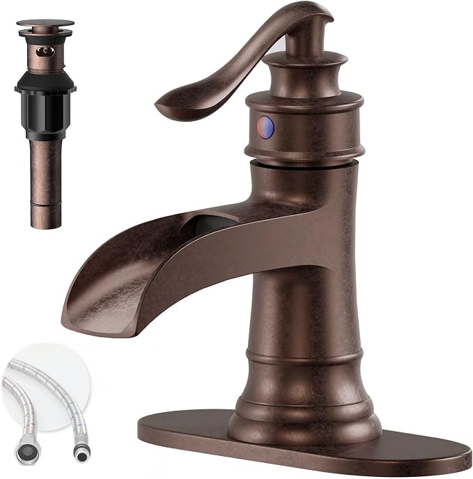 Copper Waterfall Bathroom Faucet Brass Single Handle Bathroom Sink Faucet | 1 Hole or 3 Hole Sink Brass Waterfall Faucet for Vintage Antique Lavatory Washroom with Pop Up Drain Deck Plate by BATHLAVISH