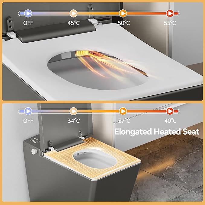 WinZo Smart Toilet with Built-in Tank, Square Comfortable Height One-Piece with Warm Water Bidet, Foot Kick Flush, Modern Elongated Smart Toilet with Bidet Built In, Heated Seat & Auto Drying