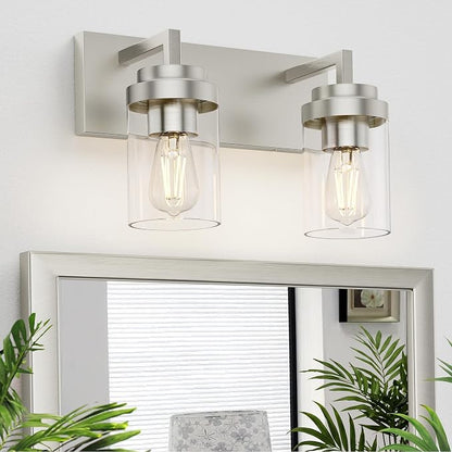 Bathroom Vanity Fixtures, 2 Light Matte Nickel Vanity Light with Clear Glass Shade, 15in Farmhouse wall Light, Lighting Fixture Over Mirror for Bathroom