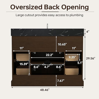 48 Inch Bathroom Vanity with Sink, Fully-Assembled Vanity with Quartz Countertop, Solid Wood Sink Cabinet with Soft Closing Doors & Dovetail Drawers, Single Sink Classic Bathroom Vanity, Dark Brown