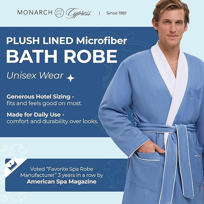 MONARCH Unisex Plush Lined Microfiber Bath Robe - Soft Shell with Polyester Lining, Resort-Grade Hotel & Spa Robe with Pocket