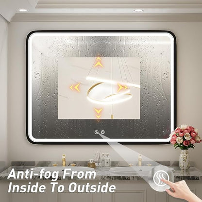 40x30 Inch LED Black Frame Bathroom Mirror,3- Color | ETL Listed,Anti-Fog,3000K/4500K/6000K Dimmable,Horizontal & Vertical,Wall Mounted,Memory Function