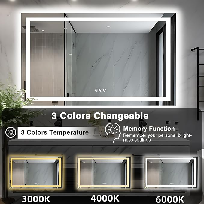 EchosLife 50"x32" LED Lit Bathroom Mirror | Backlit + Front Lit, Anti-Fog, Stepless Dimmable, 3 Colors, Memory, Tempered Glass, UL Listed, Horizontal/Vertical