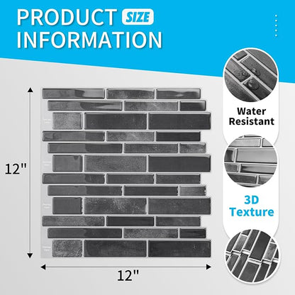 Art3d Marble Peel and Stick Backsplash, 10-Sheet, 12" x 12", Smoky Black | Lightweight, Self Adhesive, Moisture Resistant, Easy to DIY, Modern Style, for Kitchen, Bedroom, Ideal for New Home Buyers