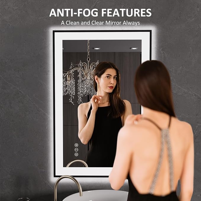 LOAAO 24"X36" LED Bathroom Mirror Black Framed | Anti-Fog, Dimmable, Memory Function, Tempered Glass, Lighted Vanity Mirror for Wall